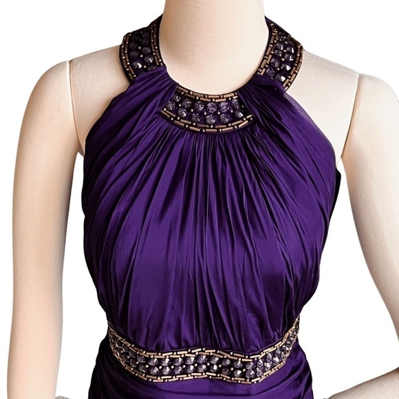 Carmen Marc Valvo Silk Purple Beaded Halter Ruched Cocktail Dress Size 8 - Picture 6 of 7